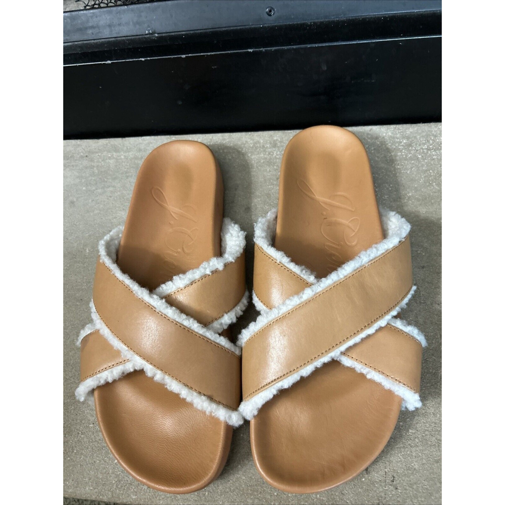 J Crew Pacific Sherpa Shearling Lined Leather Slides Slip On Sandals Size 9.5